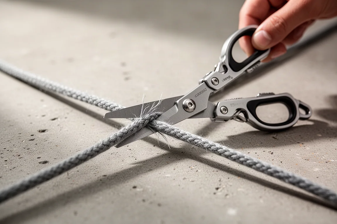De schaar op een multitool snijdt soepel door een stuk touw