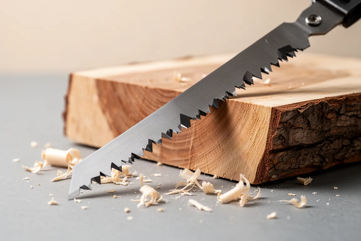 Trekkende zaaglemmet op een multitool rustend langs de houtnerf
