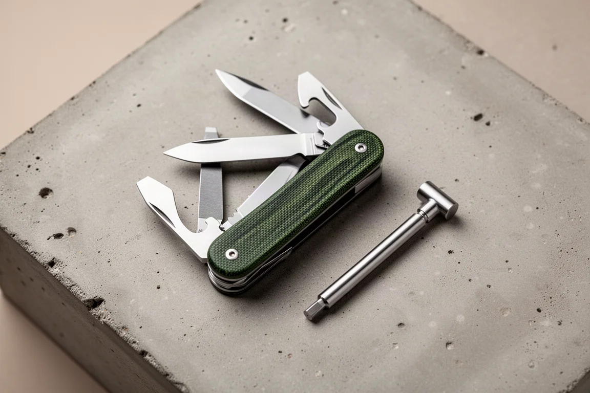 Multitool opengelegd op een werkbank naast een klein afstelgereedschap