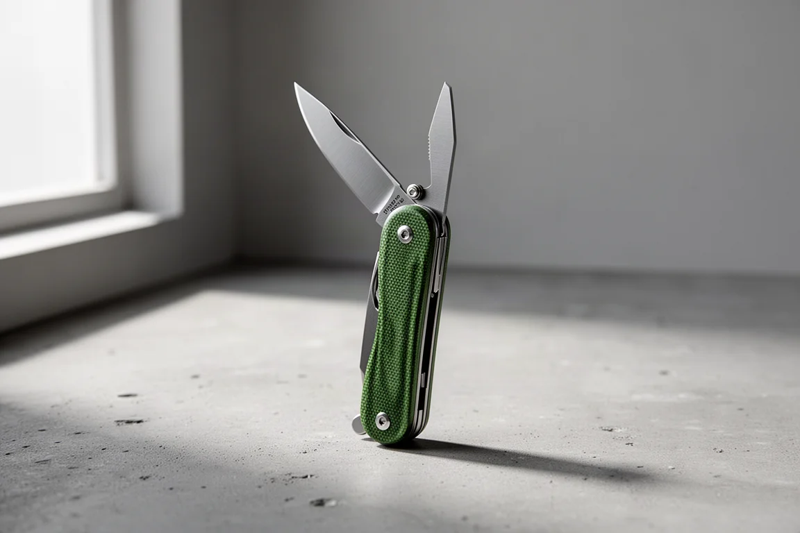 Multitool MKM Malga 5 z zielonymi okładzinami z micarty i częściowo otwartym ostrzem na betonie
