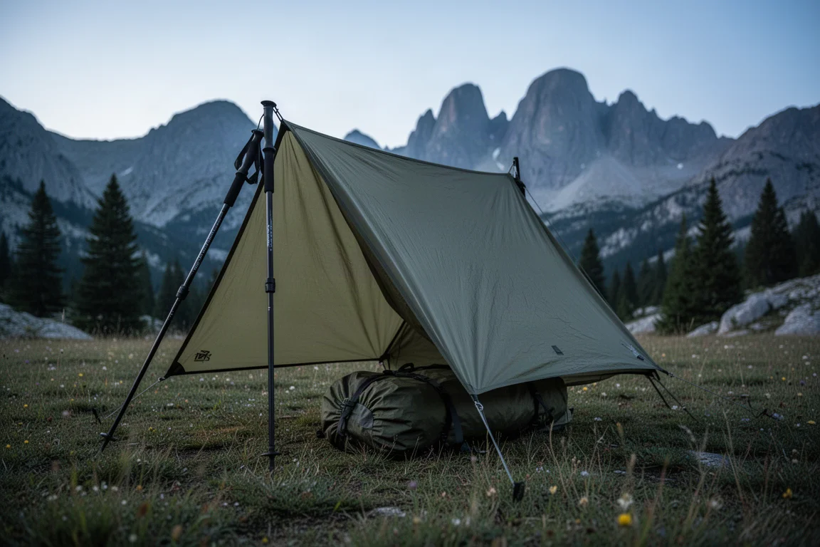 Un poncho tarp léger dressé à côté d'un bivy olive dans une prairie alpine au crépuscule