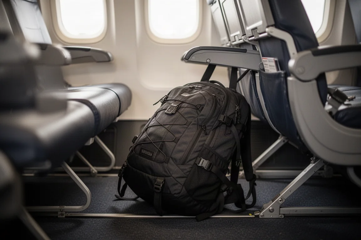 Traveler placing a backpack under an airplane seat in a regional aircraft cabin