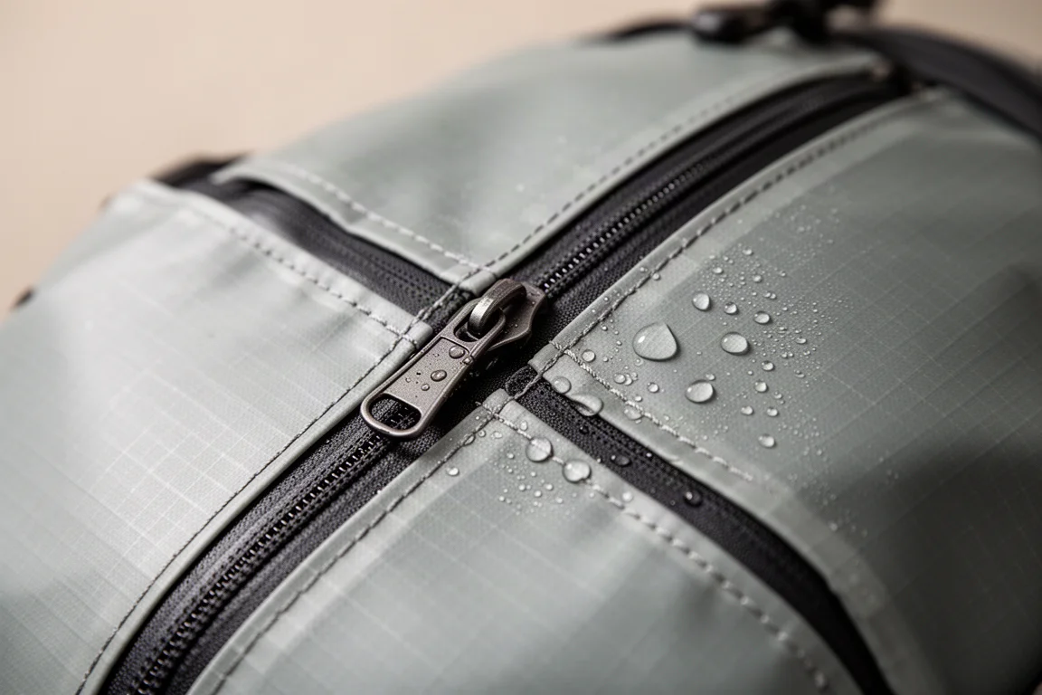 Close-up of a water-resistant zipper and laminated technical fabric on a backpack panel