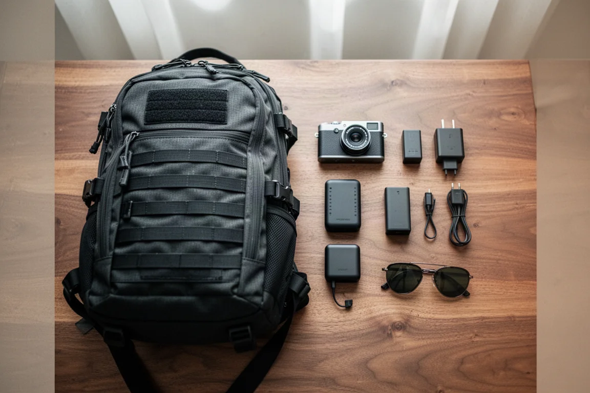 Backpack resting on café table with tech gear laid out for daily carry