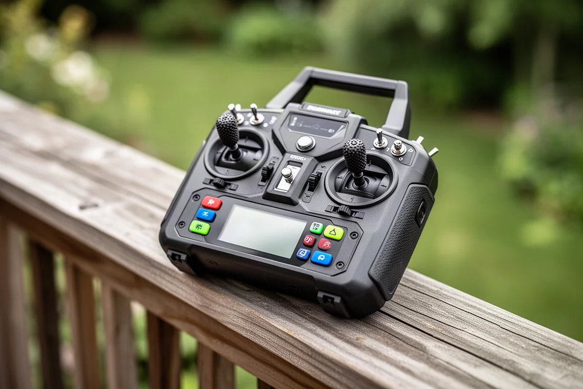 Gros plan sur une télécommande robuste aux joysticks texturés posée sur une rambarde de terrasse en bois
