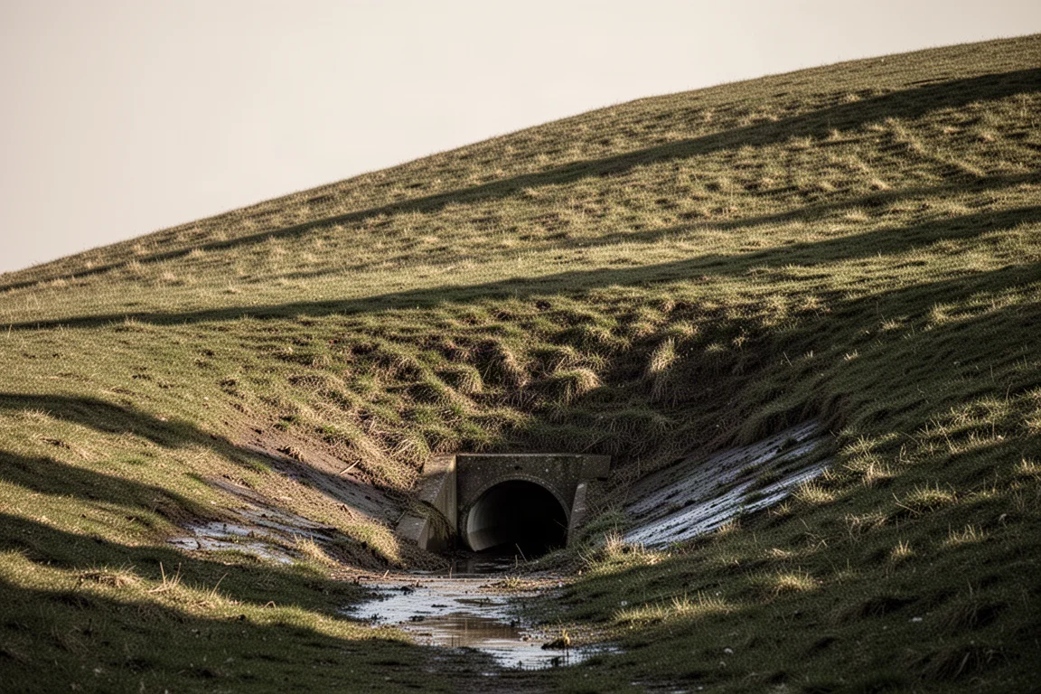 Pente herbeuse raide à côté d'un exutoire de drainage avec un terrain difficile