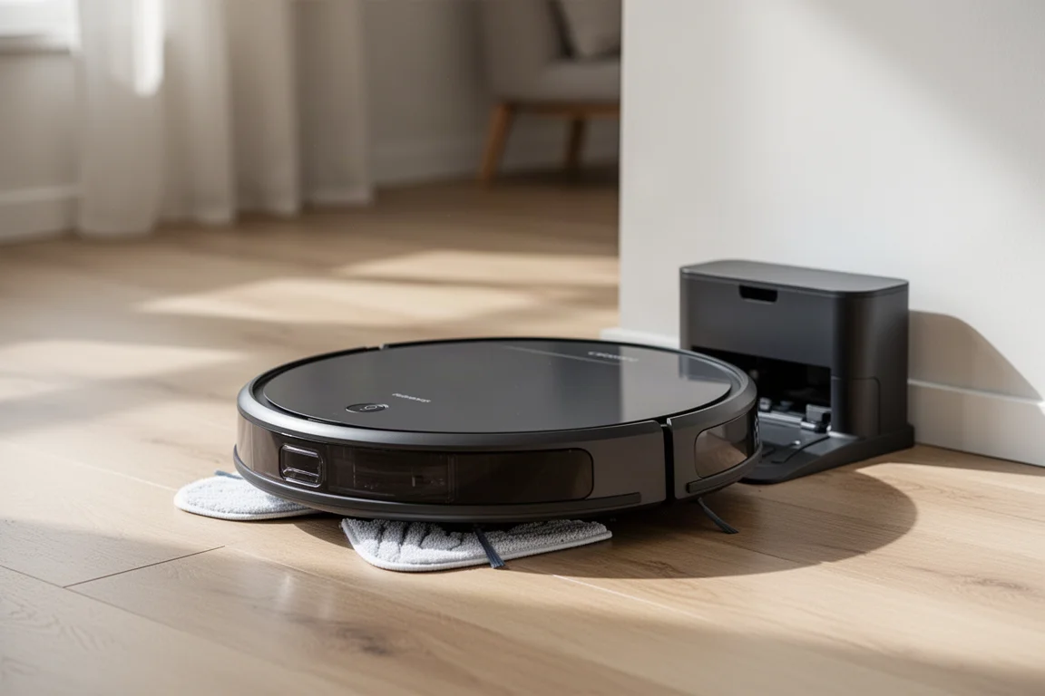 Moa P50 Pro Ultra robot vacuum beside its dock on a light wood floor