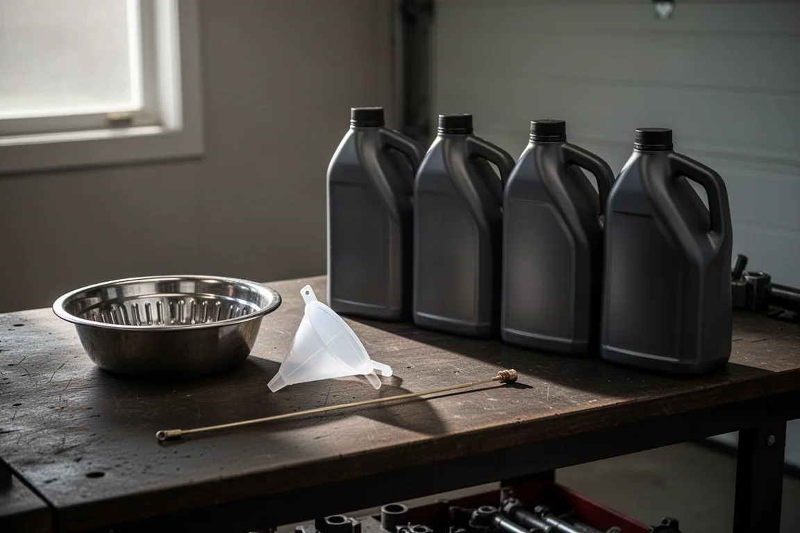 Quattro bottiglie di olio allineate su una panca di officina accanto a un imbuto e a un'asta indicatrice