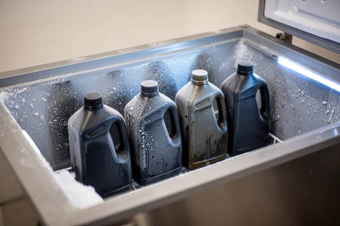 Contenitori di olio coperti di brina all'interno di un congelatore profondo a meno 40 gradi