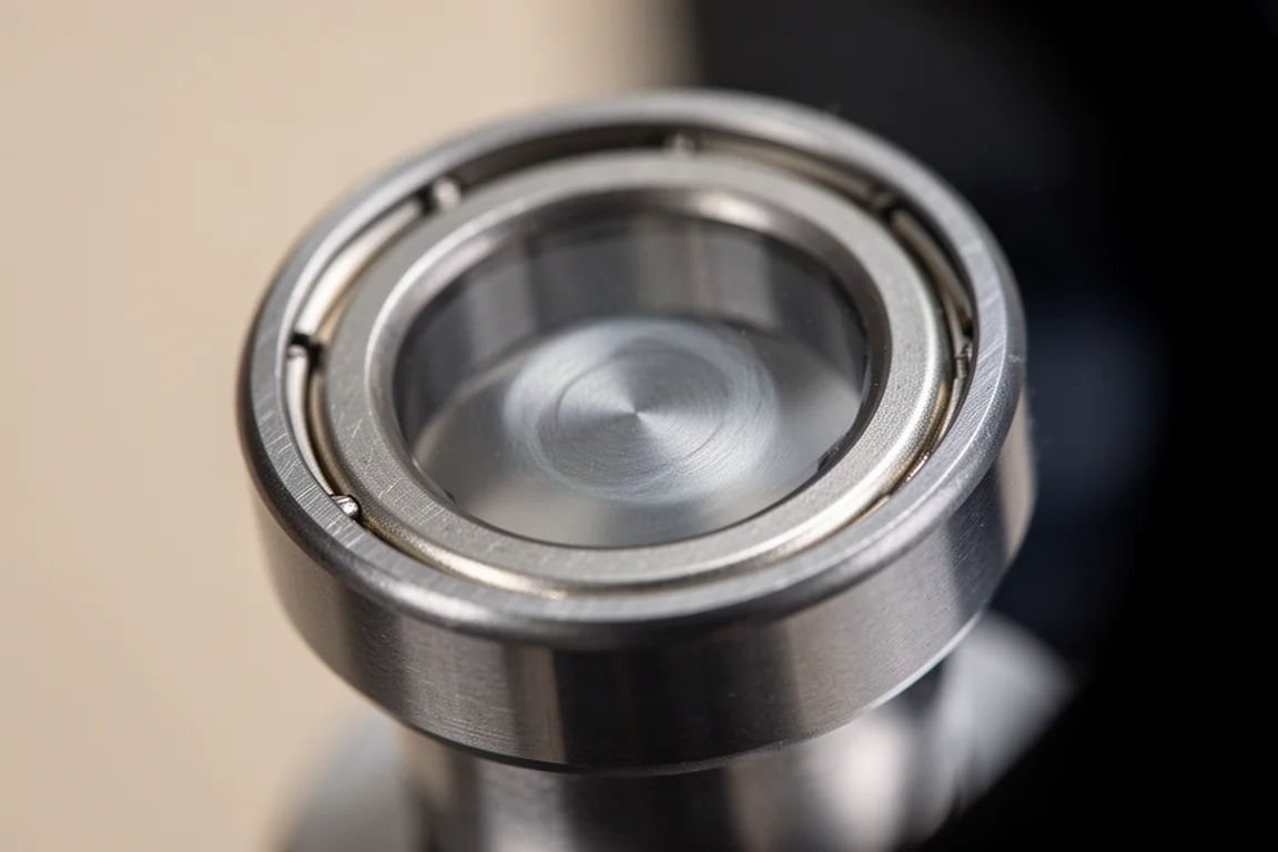 Vista al microscopio di una cicatrice circolare di usura su un cuscinetto di prova in acciaio lucido