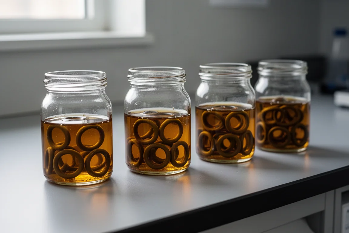O-ring in gomma in ammollo in piccoli barattoli di olio motore su un banco di laboratorio