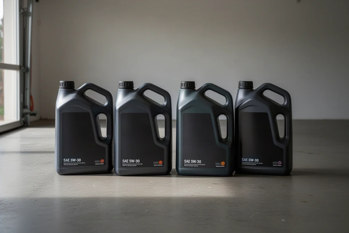 Quattro bottiglie di olio motore 5W-30 allineate su un pavimento di cemento di un garage