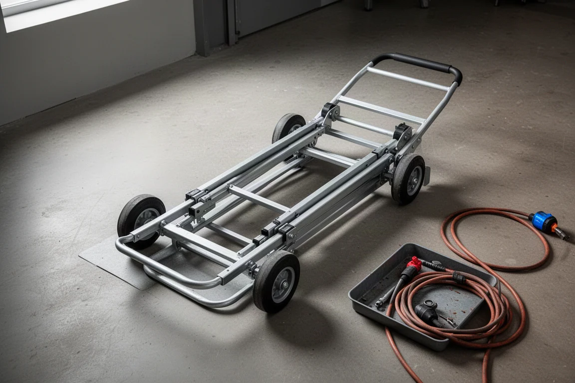 Folding hand truck collapsed flat on a workshop floor