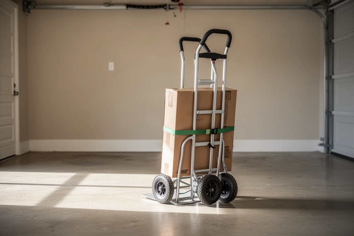 Folding hand truck upright carrying a cardboard box in a garage
