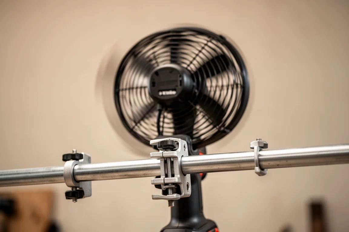 Cordless work fan mounted on a crossbar with a clamp