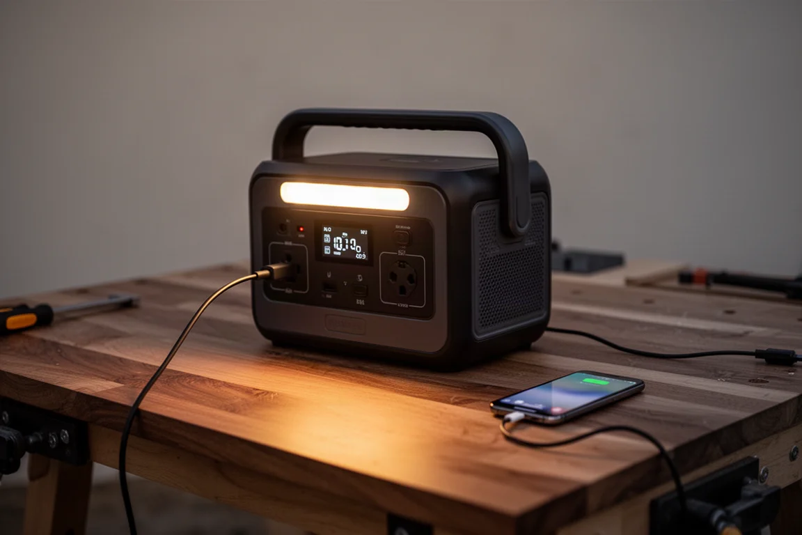 Portable power station charging a phone while its work light glows