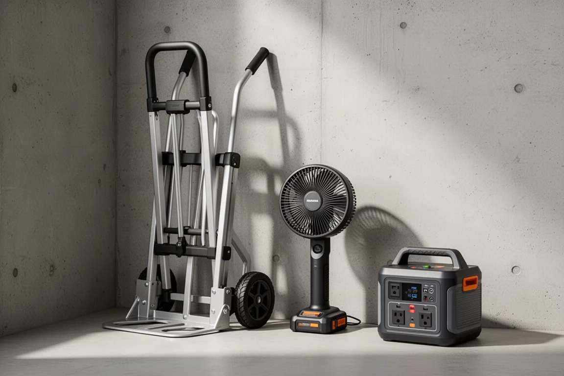 Hand truck, work fan, and portable power station arranged on a concrete floor
