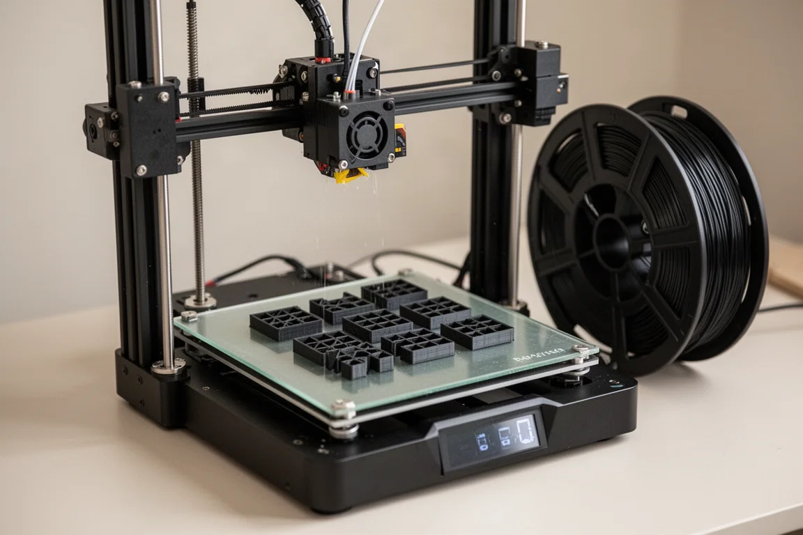 桌面 3D 列印機正在列印小型塑膠收納零件