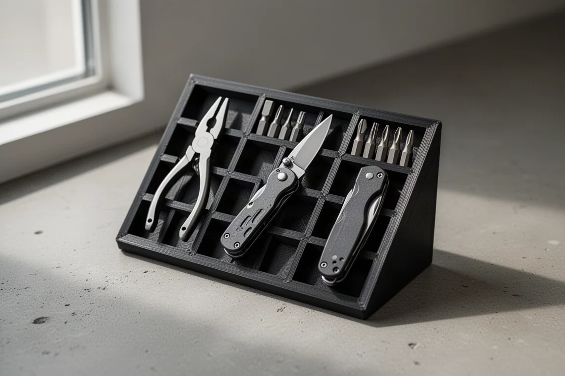 Modular 3D-printed EDC organizer panel holding compact tools on a concrete surface