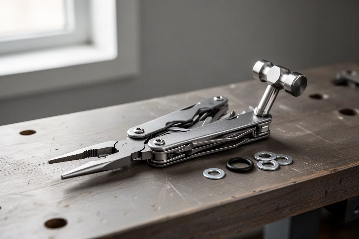 Leatherman Skeletool with hammer modification open on a wooden workbench