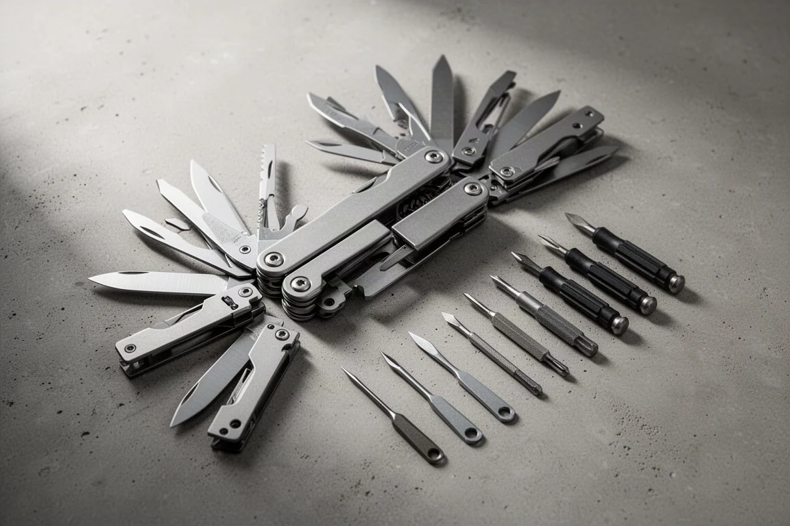 Disassembled Leatherman Surge showing modified blade set on a workshop table