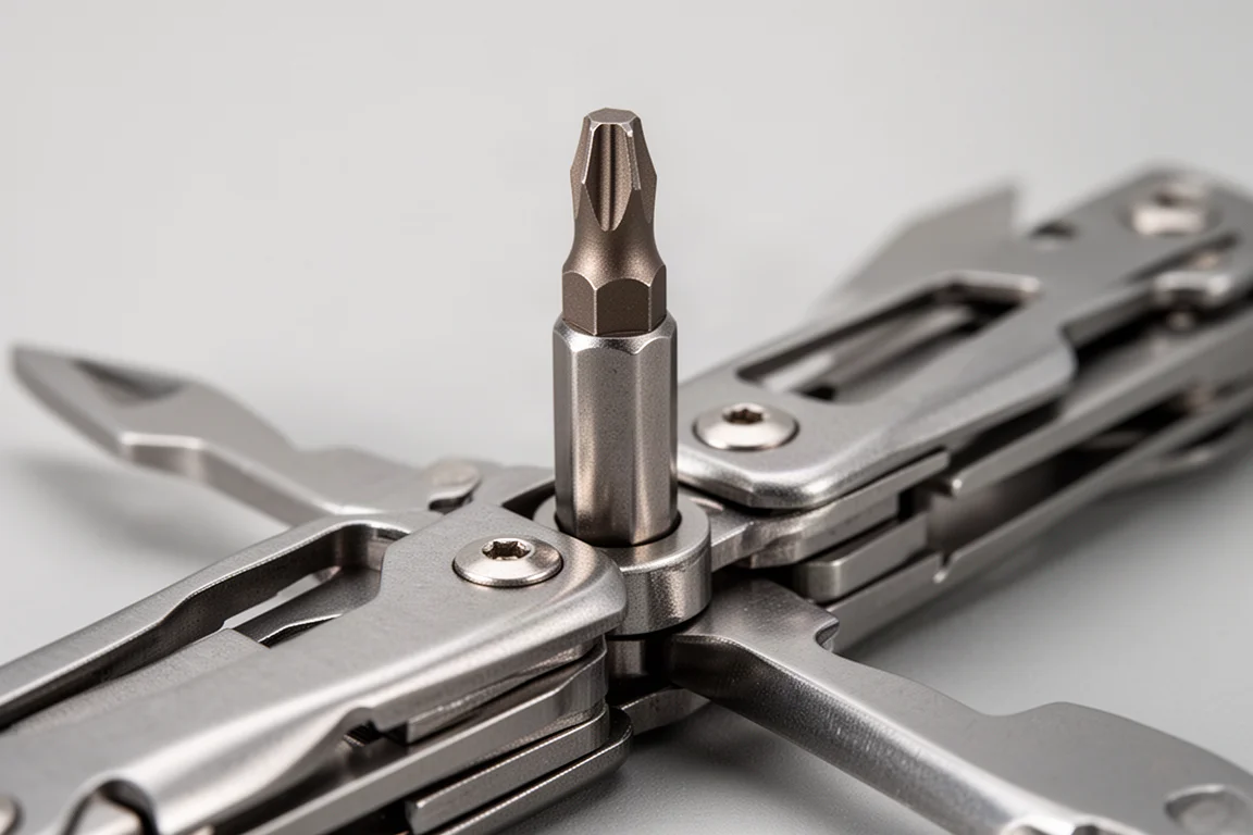 Close-up of a quarter hex bit holder mod on a multi-tool frame