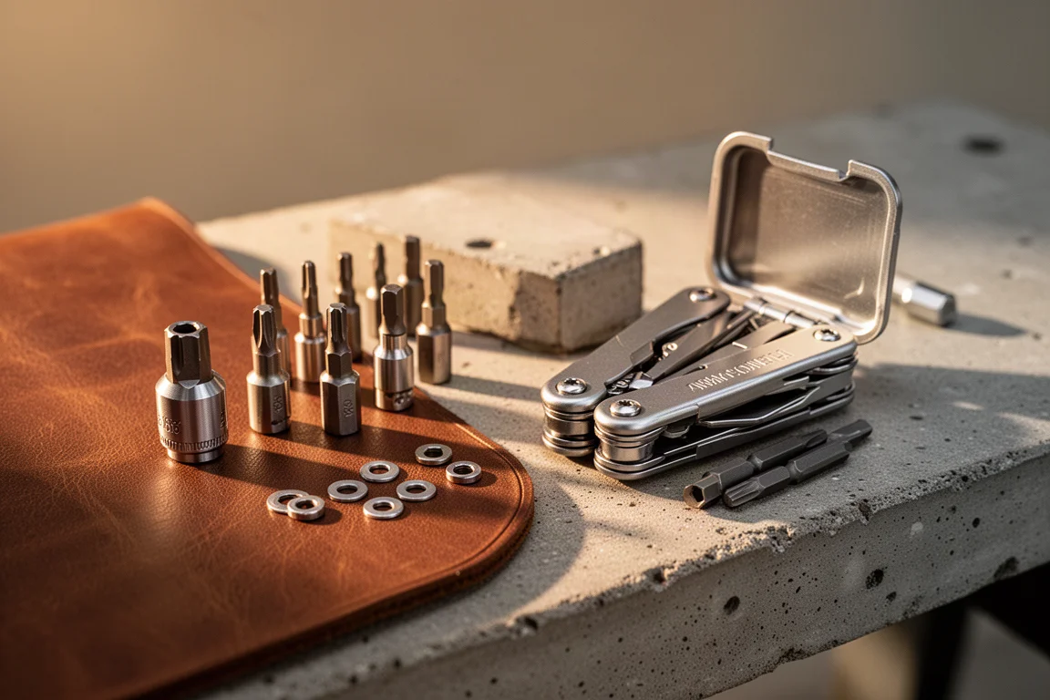 Multi-tool mods arranged with small parts on a workbench during a tinkering session