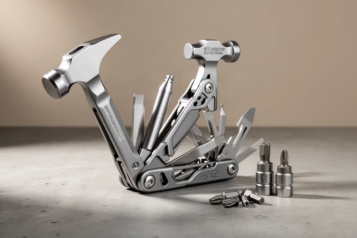 Modified Leatherman multi-tool with hammer and bit holder mods on a concrete surface