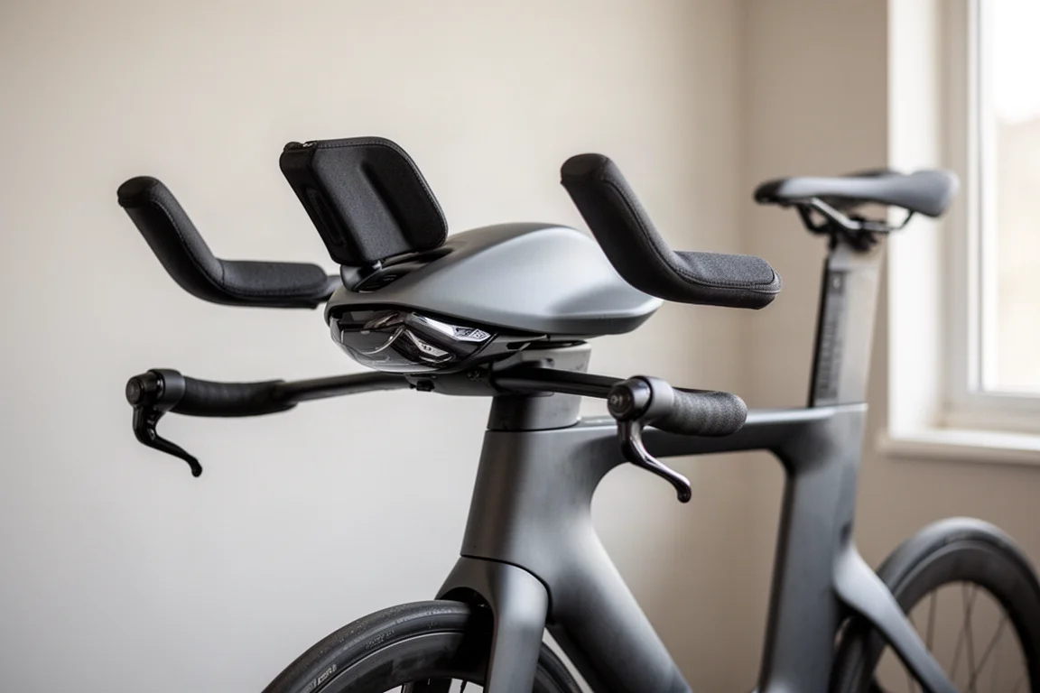 Närbild på futuristisk triathloncykels front med extensionsstyre och bromskåpa