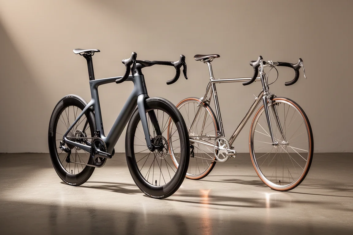 Bici da strada aero moderna accanto a un telaio da corsa classico in acciaio su un pavimento di cemento