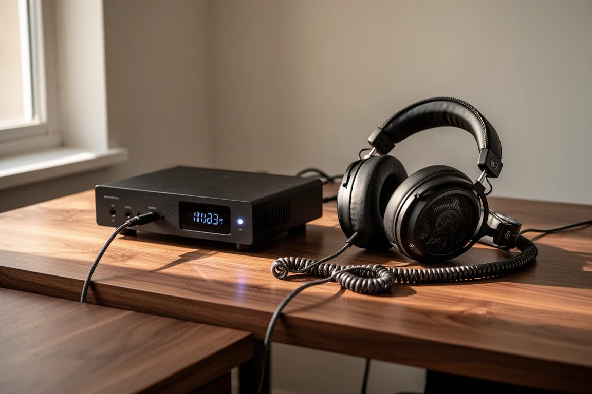 Impianto hi-fi desktop con un piccolo amplificatore e cuffie open-back su una scrivania in noce