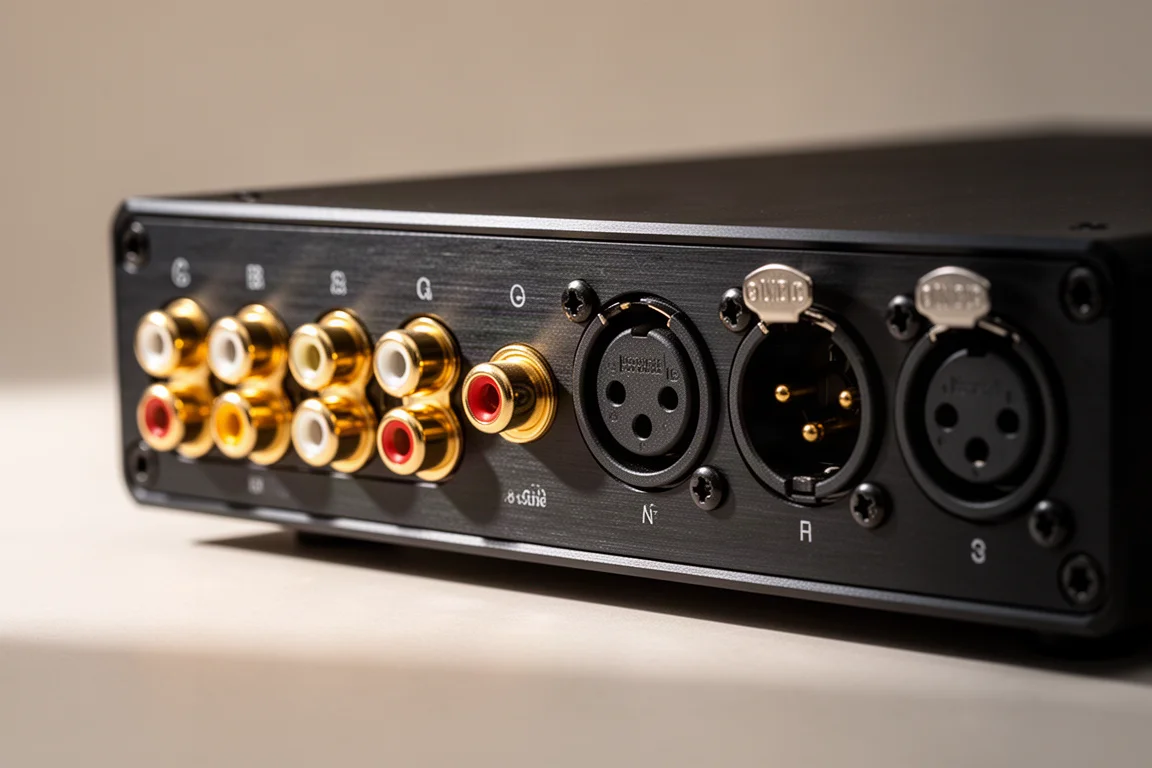 Primo piano dei connettori bilanciati XLR e RCA sul retro di un convertitore audio desktop