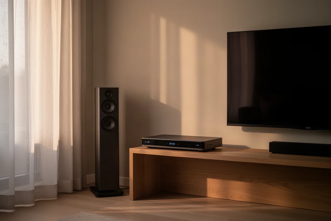 Soggiorno minimalista con uno streamer audio sottile e un diffusore nella luce calda della sera