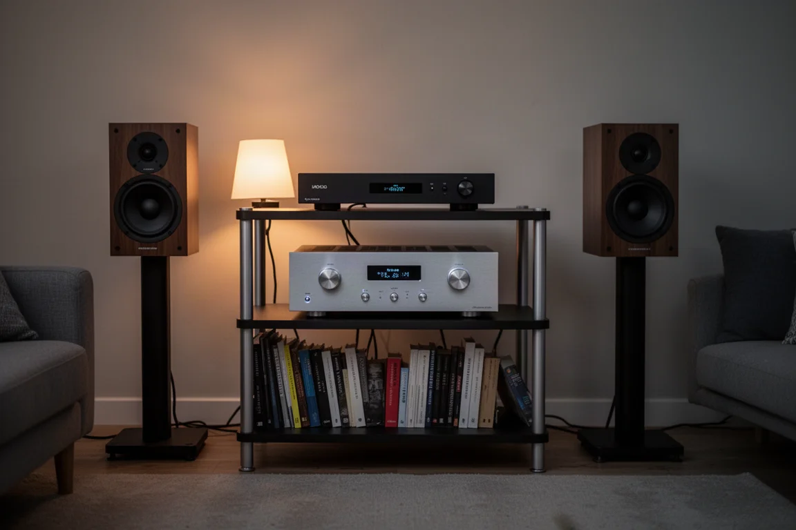 Rack hi-fi compatto con convertitore, amplificatore e diffusori da scaffale al crepuscolo
