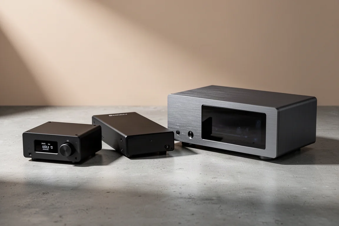 Three desktop DAC and streamer components arranged on a concrete surface