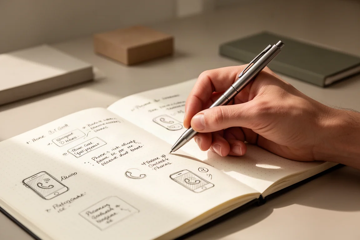 Mão escrevendo anotações de reunião com uma caneta de metal fina em um caderno