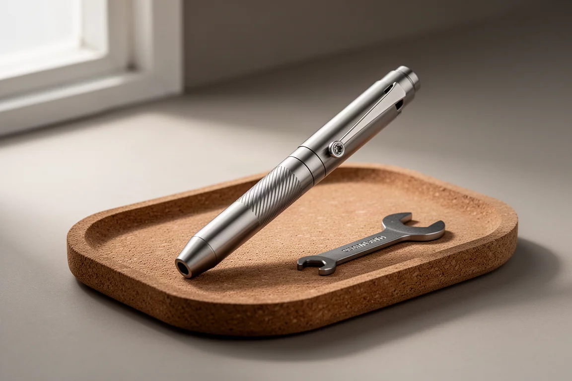 Machined titanium bolt action pen on a concrete surface with a blurred presentation box