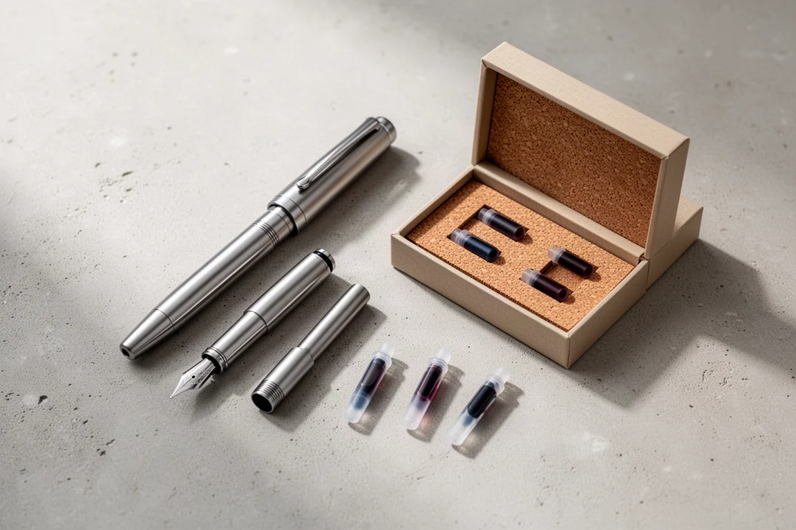 Stylo plume compact en métal usiné ouvert à côté de son coffret cadeau magnétique doublé de liège