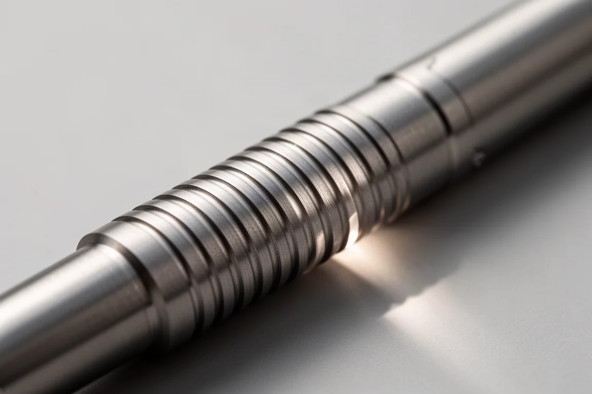 Détail d'une section grip en métal striée sur un stylo plume compact
