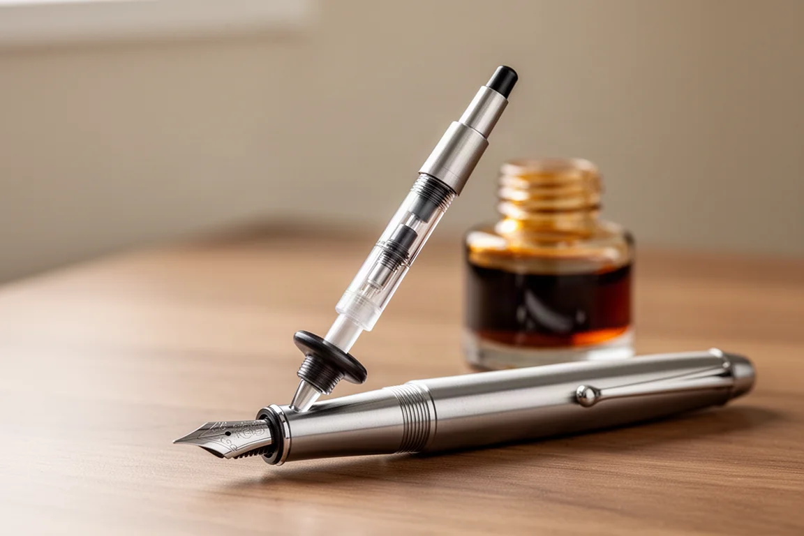 Convertisseur à piston extrait du corps d'un petit stylo plume à côté d'un flacon d'encre