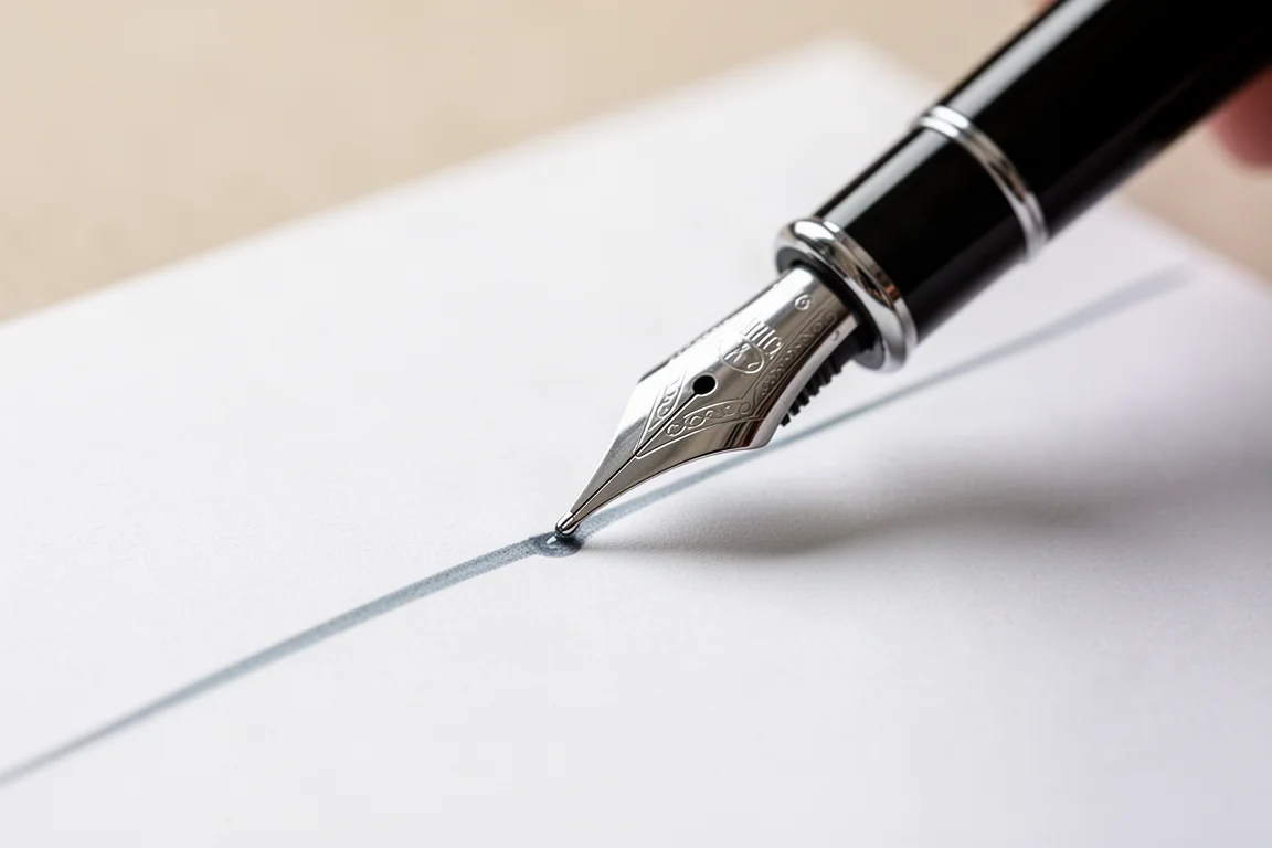 Plume fine d'un stylo plume traçant une ligne d'encre sur papier blanc uni