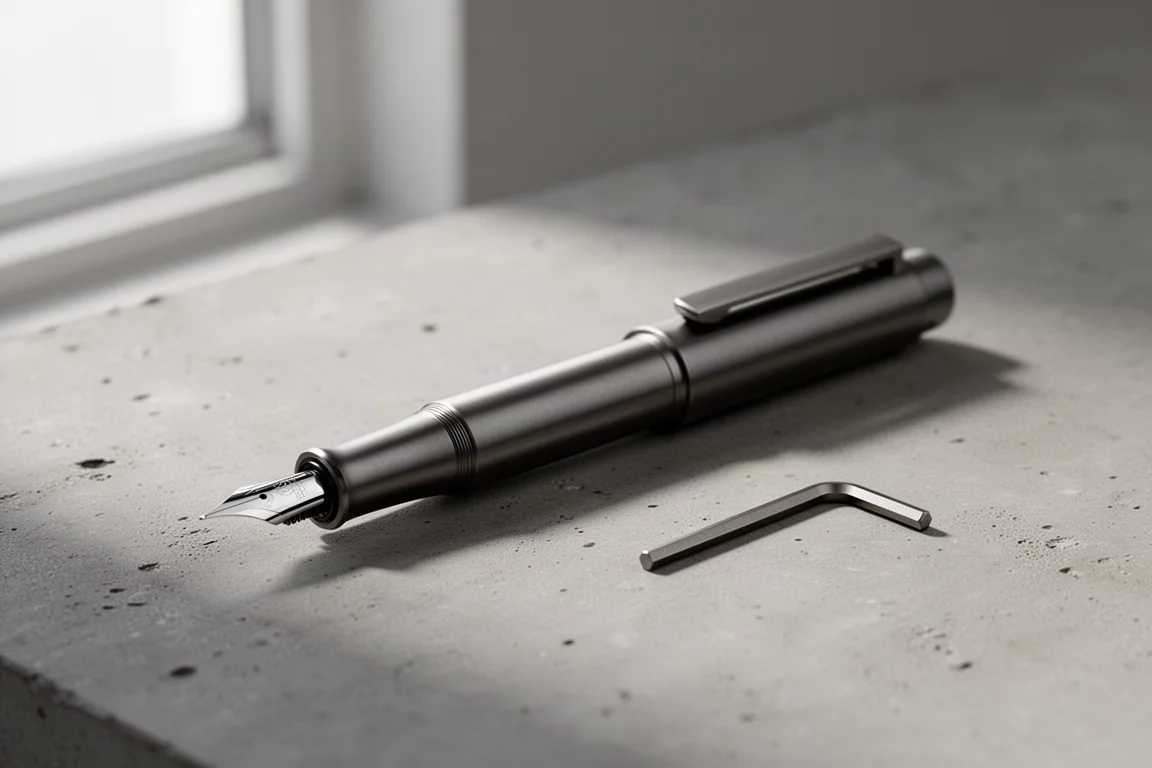 Stylo plume compact en titane usiné avec capuchon posté sur une surface en béton