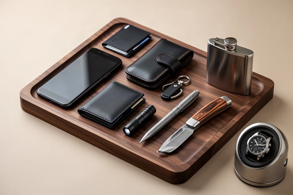 Flat-lay of leather wallet, key organizer, flashlight, titanium pen, pocket knife, hip flask and watch winder on a wooden tray