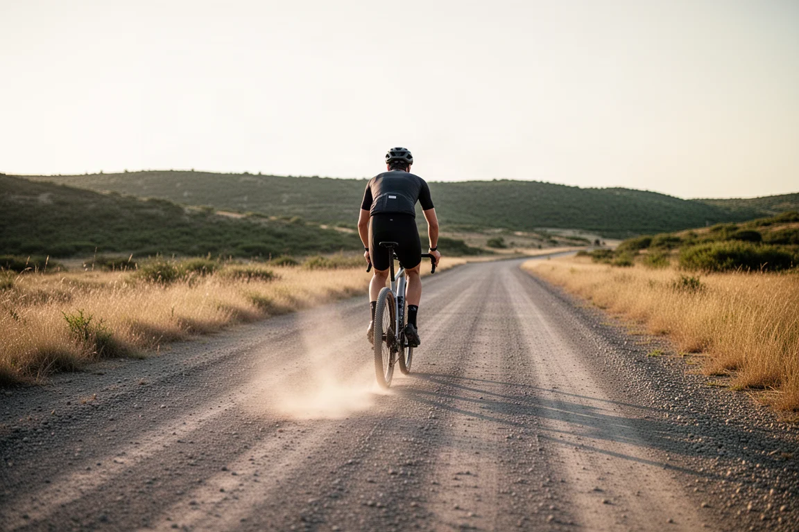 Ciclista rodando en una bicicleta de gravel por un camino de grava amplio con campos verdes a ambos lados