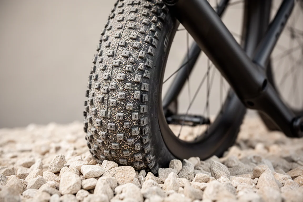 Primer plano de un neumático de gravel ancho y detalle del cuadro de carbono sobre grava suelta