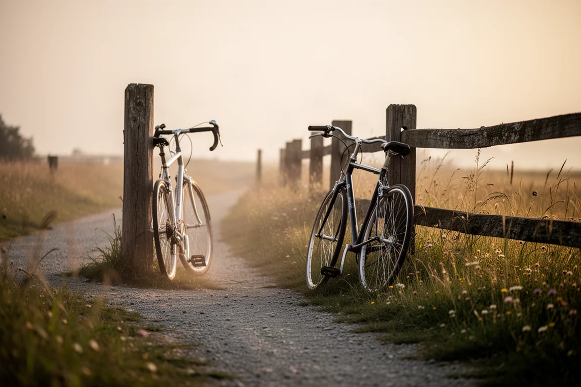 Bicicleta apoyada contra una valla de madera junto a un camino de grava a la hora dorada