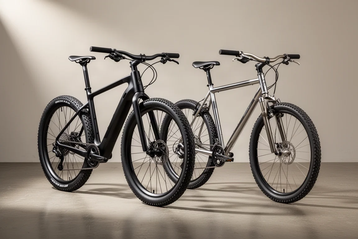 Modern carbon gravel bike beside a polished 1990s aluminium mountain bike on concrete