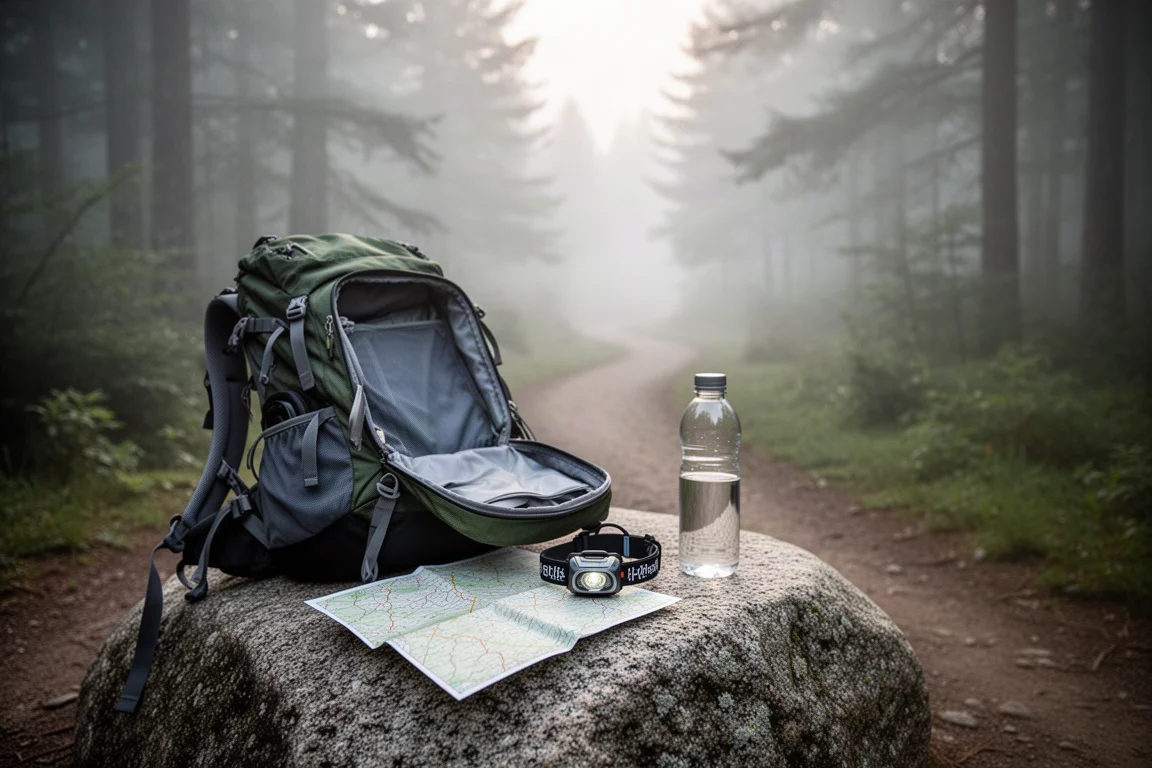 Open hiking backpack, paper map, and headlamp on a granite boulder at a misty morning trailhead