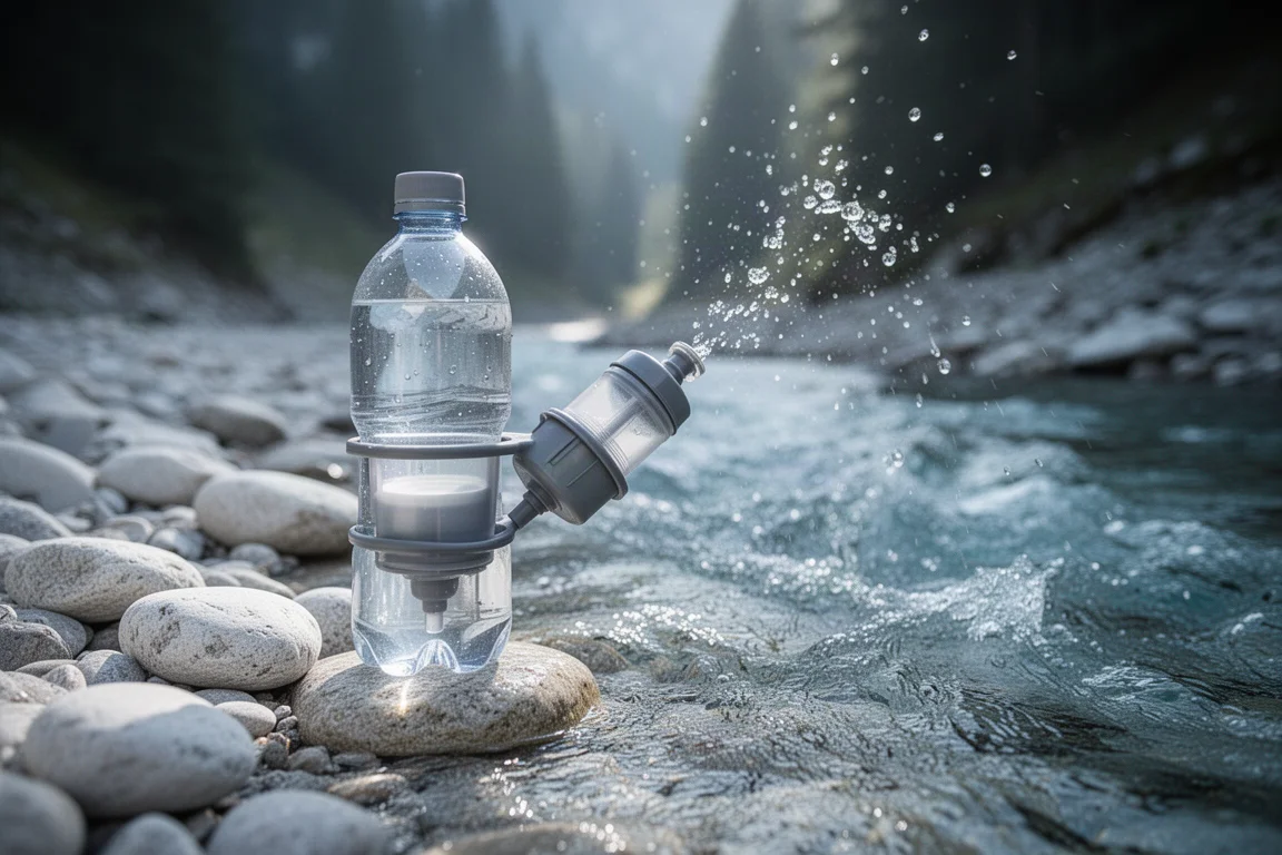 Clear bottle threaded onto a squeeze water filter resting on river stones beside a stream