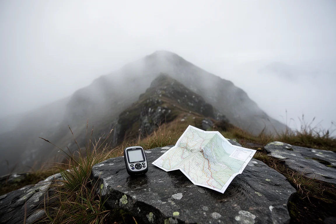 Handheld navigation device and folded map on wet rock along a cloud-covered alpine ridge